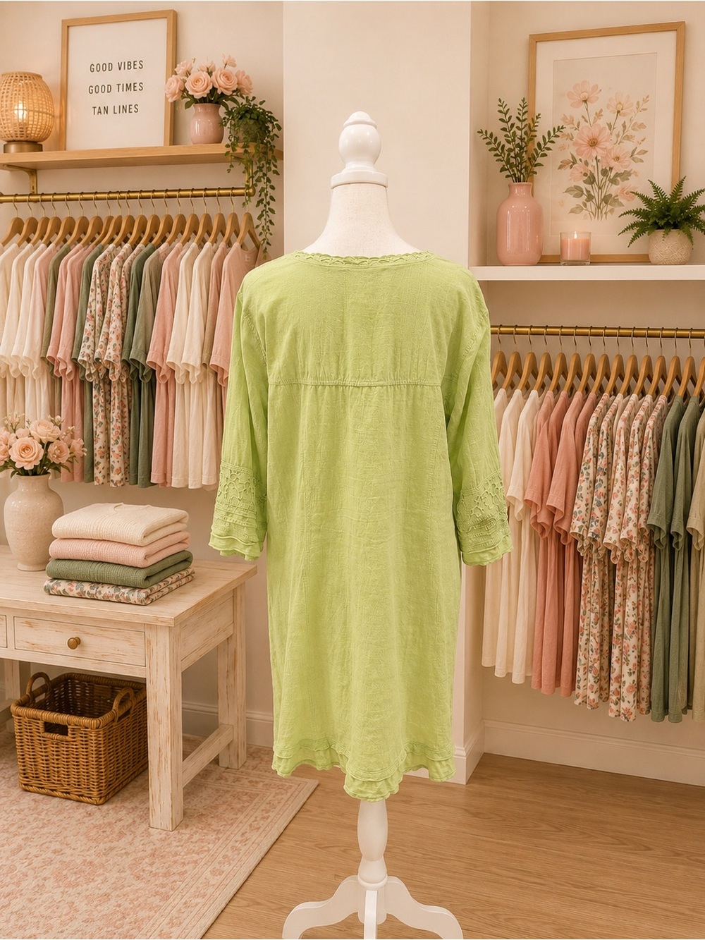 Gretty Zueger Embroidered Cotton Tunic Dress Green Lace Boho Large - Picture 2 of 2